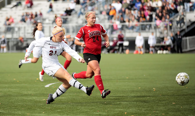 SPU's Heather Young (in action earlier this season against Western Oregon) scored the game-winner Thursday.