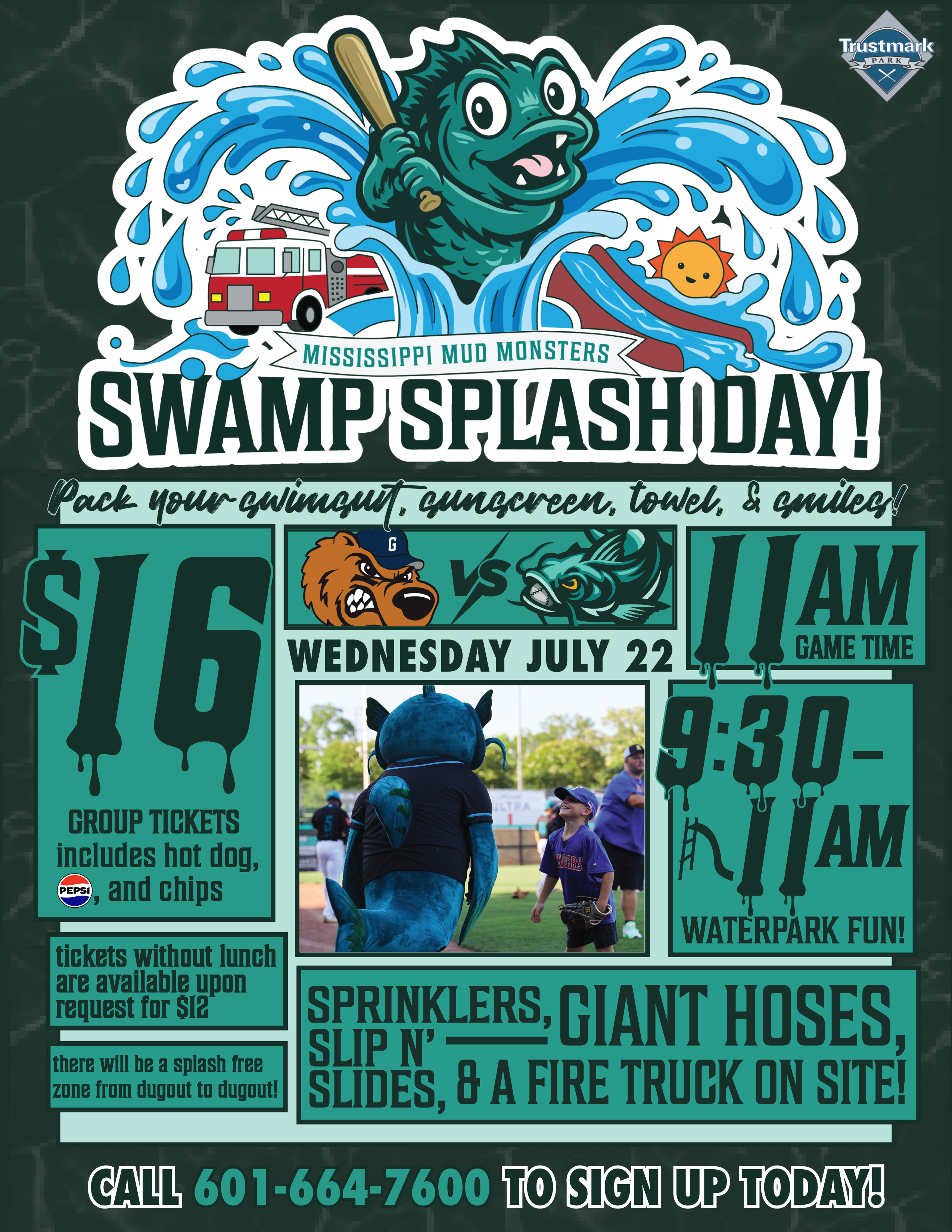 2026 Mississippi Mud Monsters Swamp Splash Day flyer for Wednesday, July 22