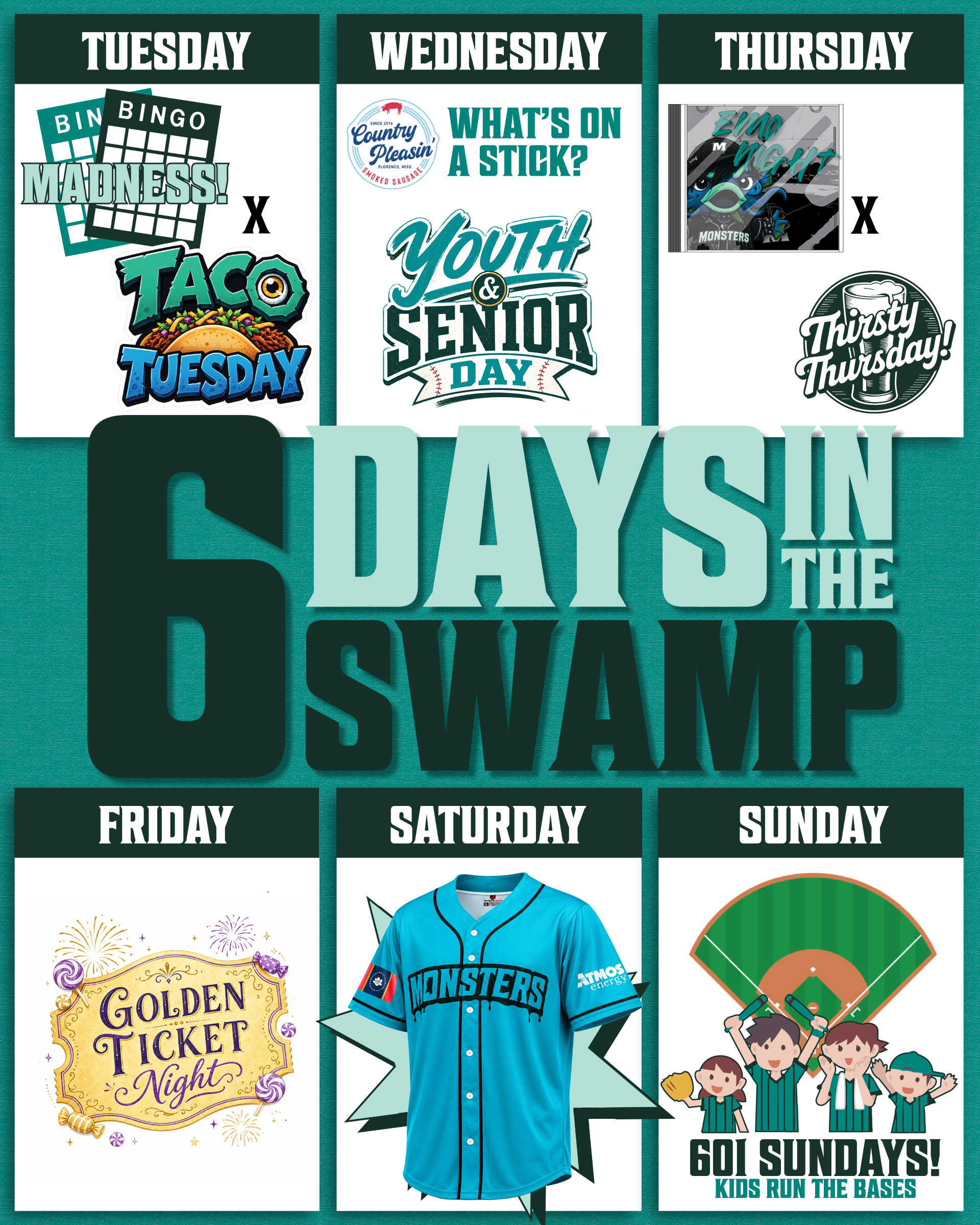 Six Days in the Swamp promotional graphic for July 28 through August 2