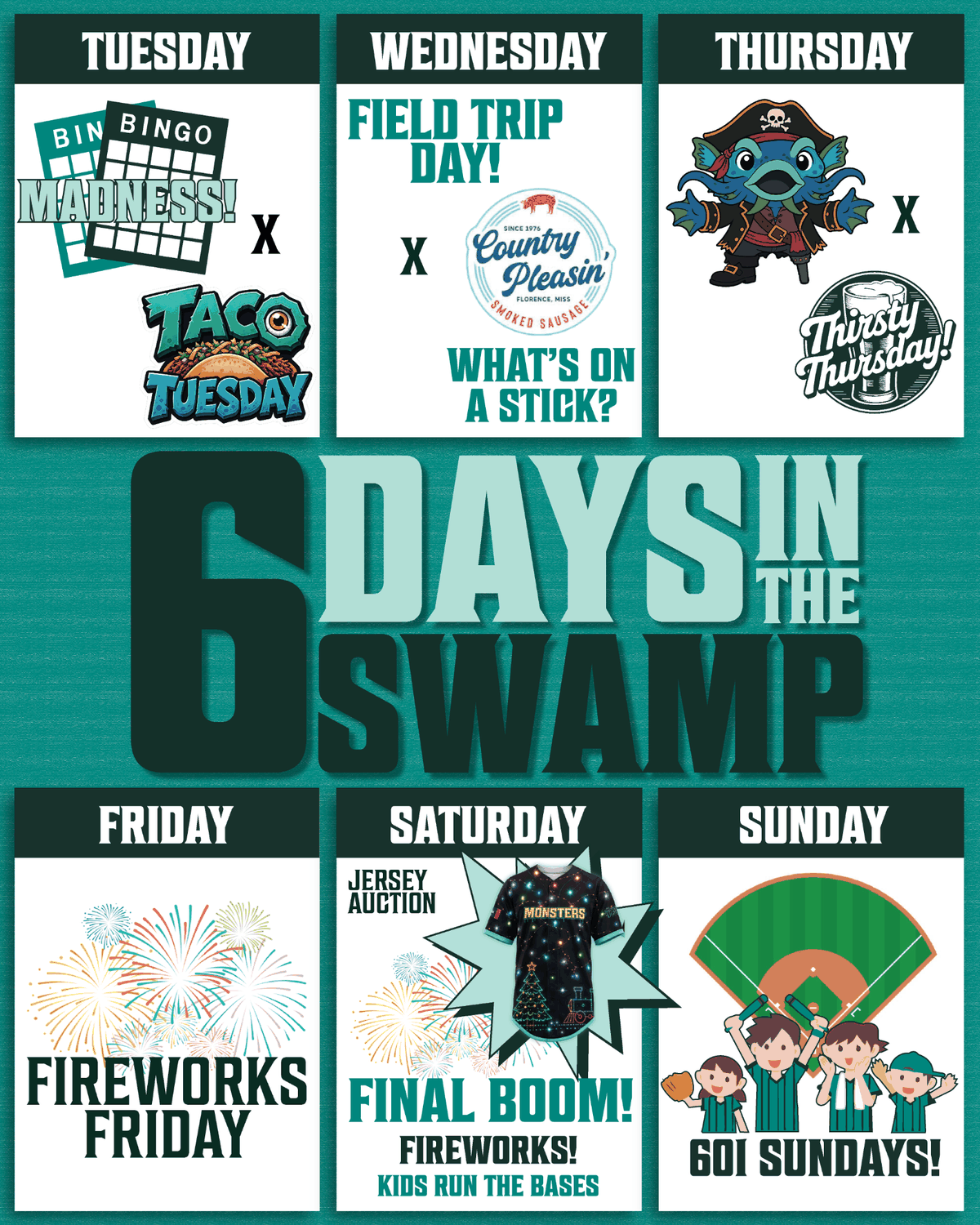Six in the Swamp final homestand promotional graphic for August 25 through 30