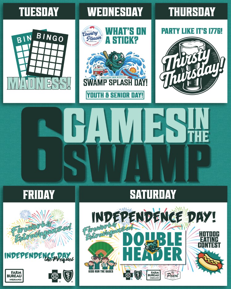 Upcoming Mississippi Mud Monsters homestand flyer