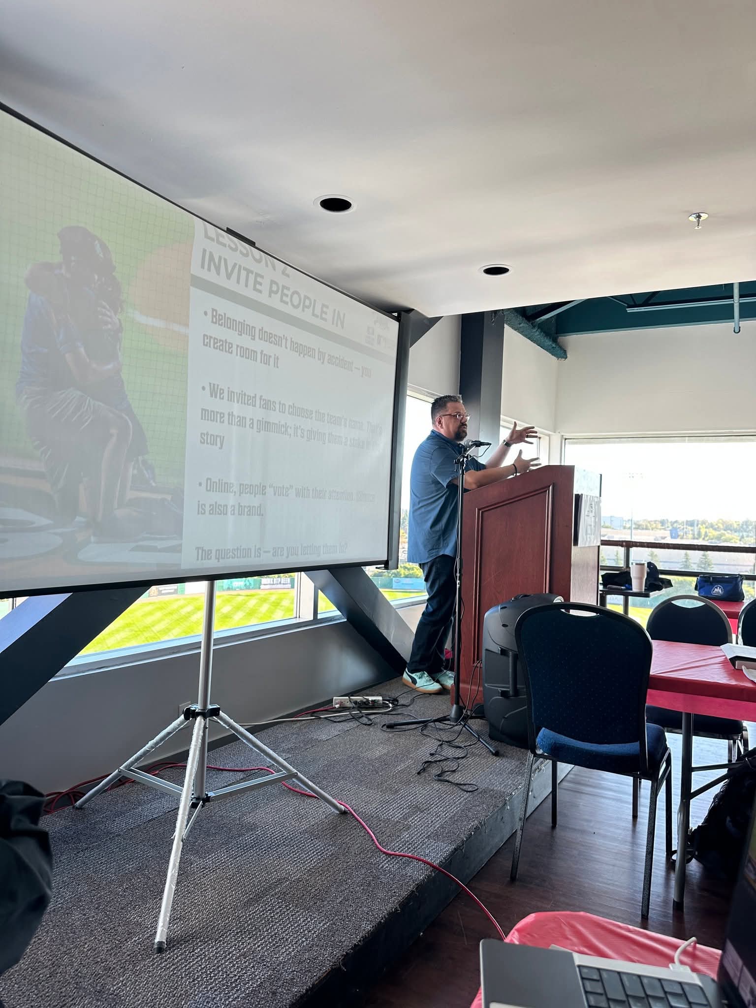 Assistant GM David Kerr presenting the Mud Monsters branding story at Frontier League meetings in Ottawa