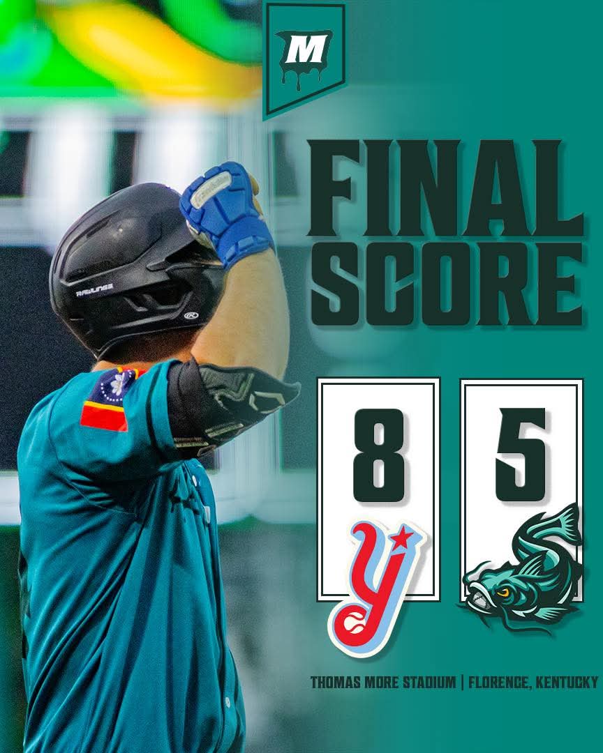 Final score graphic: Florence Y'alls 8, Mississippi Mud Monsters 5