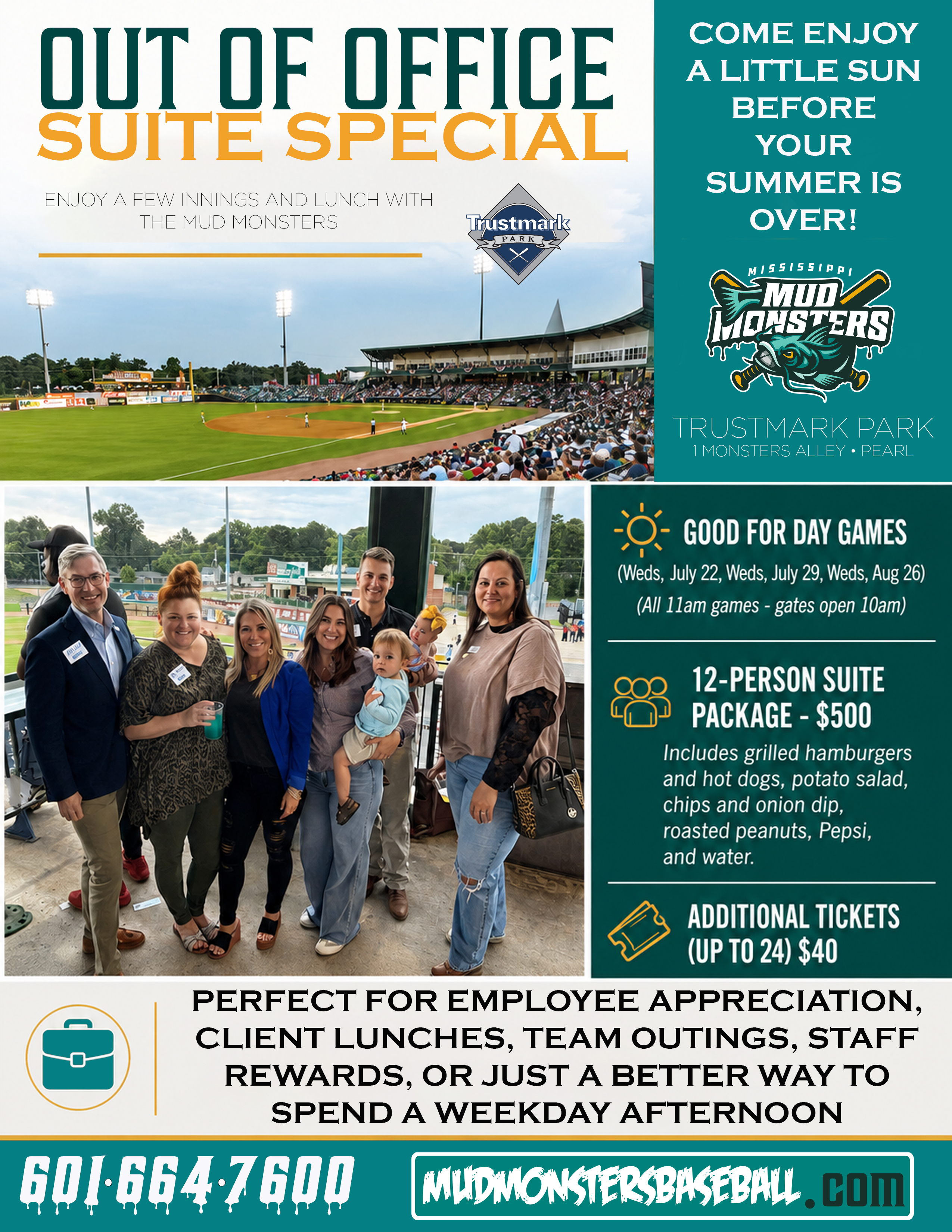 Out of Office Suite Package flyer for the Mississippi Mud Monsters