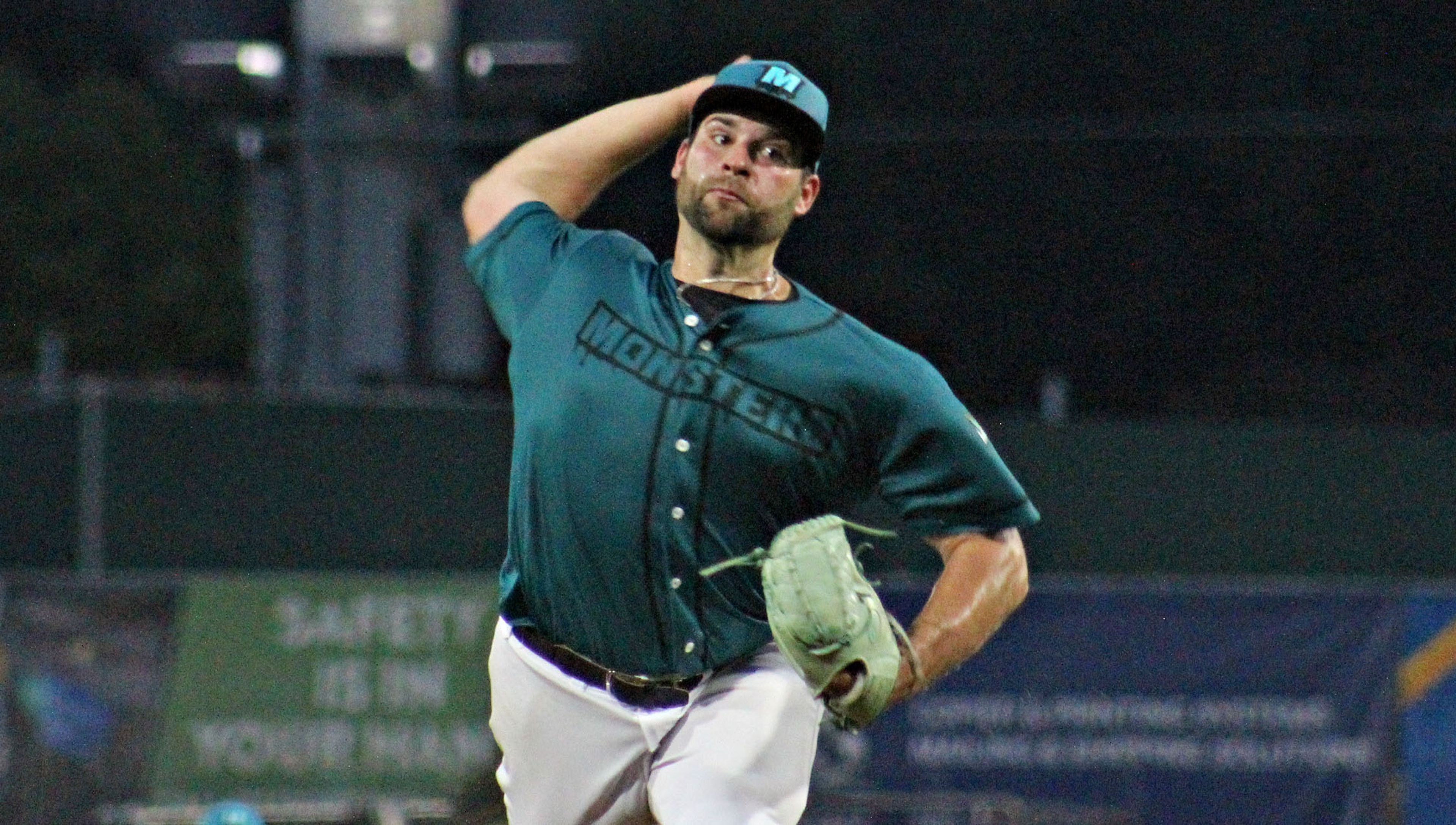 Preston Johnson pitching for the Mississippi Mud Monsters on Opening Day