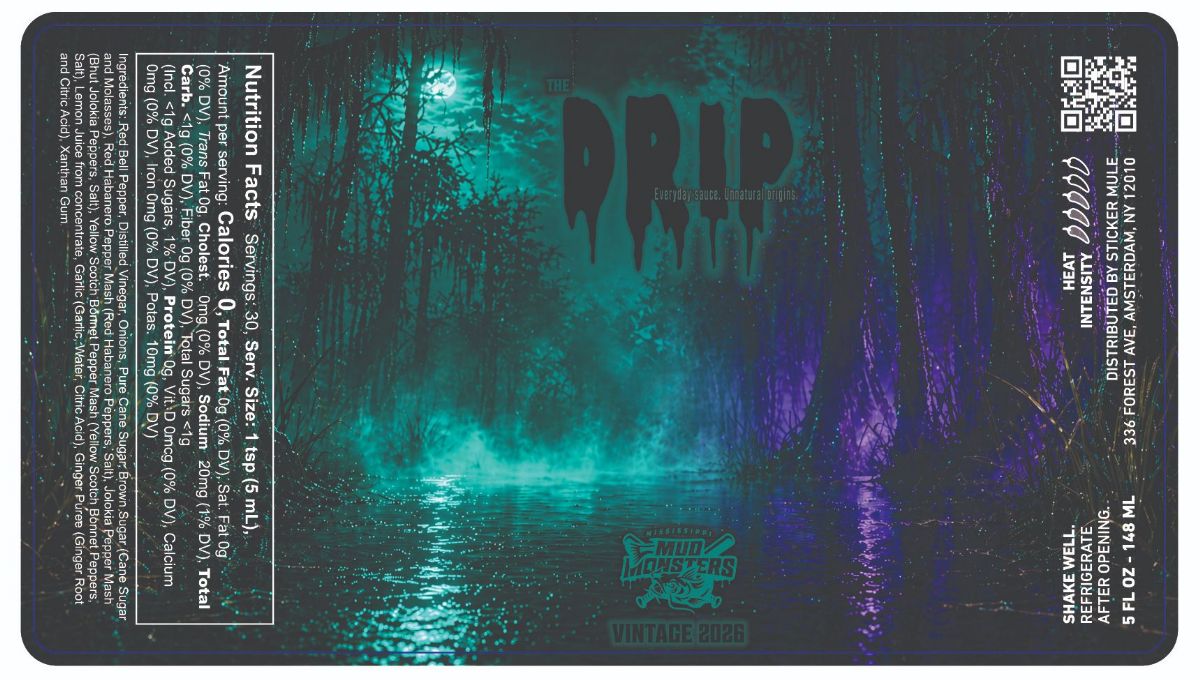 The Drip Vintage 2026 hot sauce label with nutrition information