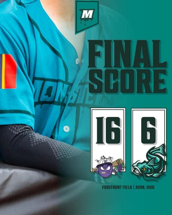 Final score graphic: Lake Erie Crushers 16, Mississippi Mud Monsters 6