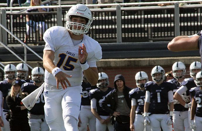 Morehead State's Austin Gahafer finished the day with a PFL record 11,231 career passing yards, leading the Eagles to a win at Butler in week 10.