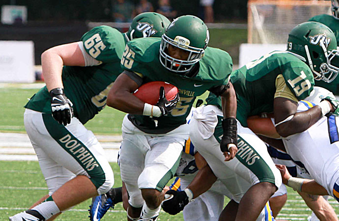 Jacksonville running back Orlando Thomas ran for two touchdowns in Jacksonville's PFL opening victory against Morehead State, Saturday. (Photo by Skip Tapp)
