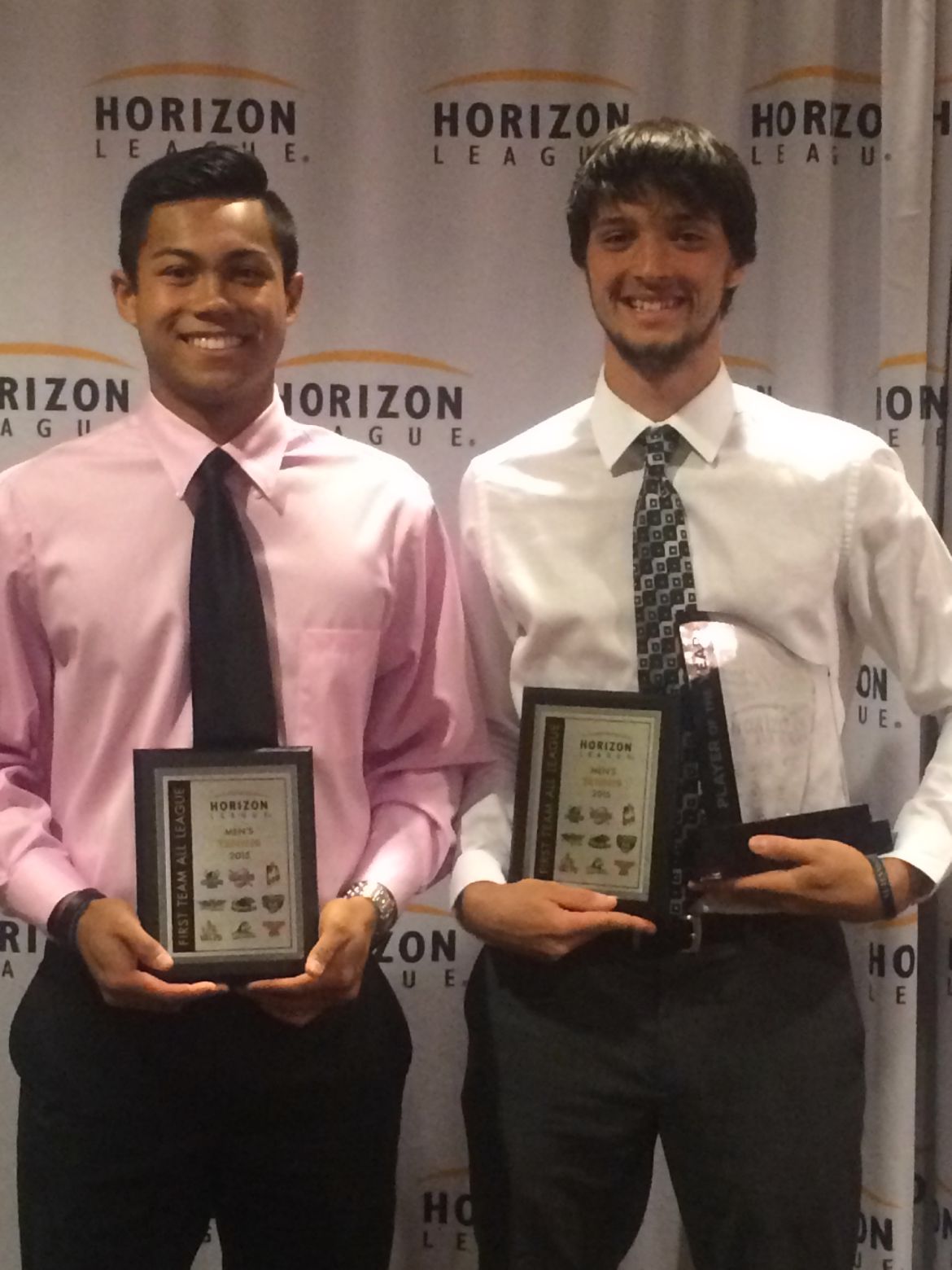 Sophomore Jeffrey Schorsch and Dave Bacalla accepted their awards at the Horizon League Championship banquet in West Lafayette on Thursday evening.