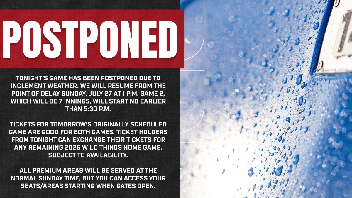 Wild Things, Y'alls Postponed, To Resume at 1 p.m. Sunday